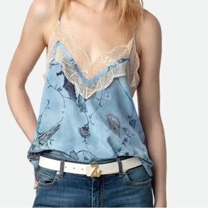 Zadig & Voltair blue print silk and lace cami